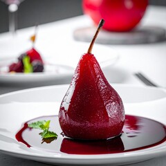 Beautiful Single Poached Pear in Red Wine Syrup with a Dark Red Sauce Drizzle
