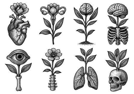 Nature meets anatomy: surreal botanical anatomical art in vintage style