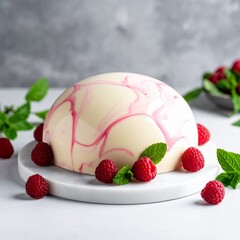 Artful White Mousse Dome Dessert with Pink Swirl Glaze and Red Berries on Plate