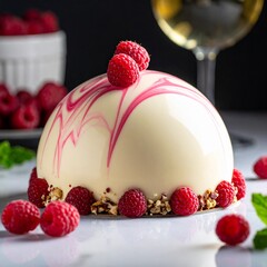 Delicate White Chocolate Mousse Dome Garnished with Fresh Raspberries and Mint