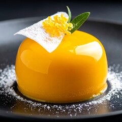 Mirror Glazed Mango Mousse Entremet Decorated with a Thin Candied Orange Slice