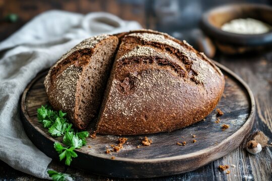 A rustic loaf of bread with a golden crust, resting on a wooden cutting board with a scattering of parsley and a small bowl of olive oil in the background.