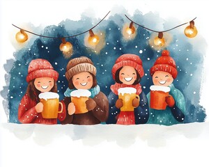 Whimsical Watercolor Family Toast Scene with parents and children raising mugs of cocoa under fairy lights in flat vector style