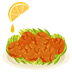 鶏の唐揚げ盛り合わせとレモンの果汁　水彩風手描きベクターイラスト