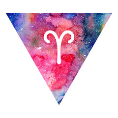 Aries zodiac sign. Watercolor colorful pink blue texture. Astrology symbol. Triangle icon with watercolor bright background. Hand drawn illustration painted watercolor.