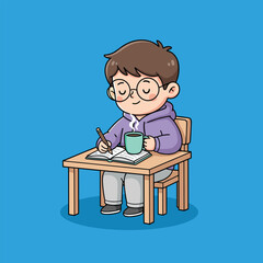 Cute cartoon boy wearing glasses studying and writing at a desk with a drink vector illustration