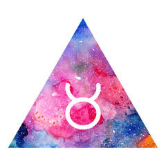 Taurus zodiac sign. Watercolor colorful pink blue texture. Astrology symbol. Triangle icon with watercolor bright background. Hand drawn illustration painted watercolor.