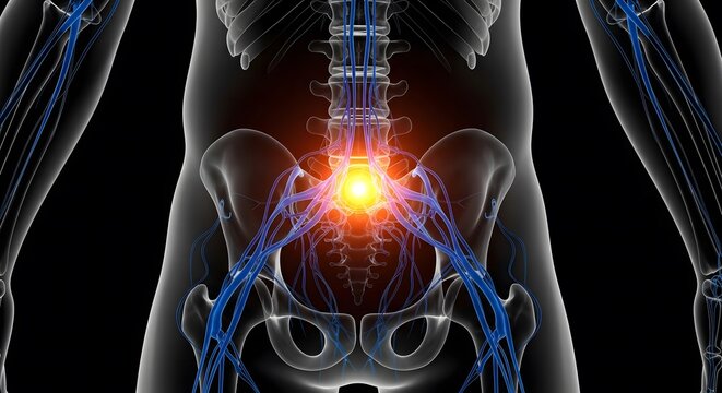 3D medical illustration of the human nervous system, Human pelvic pain anatomy, nerve pain, and sciatic pain illustra