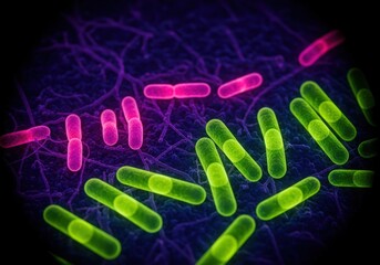 Microscopic view of glowing rod shaped bacteria under fluorescent light