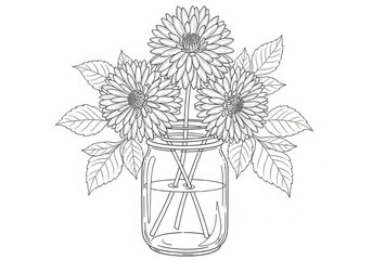 Detailed line drawing of a dahlia flower arrangement in a glass vase