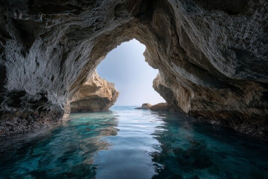 Sunlight spills through a natural rock formation, illuminating tranquil waters that gently lap at the shoreline. The stillness creates an inviting escape into nature's beauty