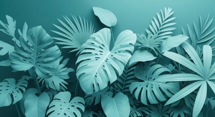 Various Lush Tropical Plant Leaves in a Monochromatic Teal Tone
