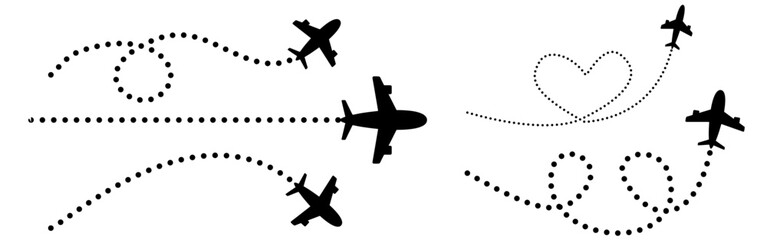 silhouette of a bird, Airplane route with dotted flight path. Flying plane symbol with twisted, curved, straight and heart shape dashed trace path. Transparent png and vector silhouette of a bird,