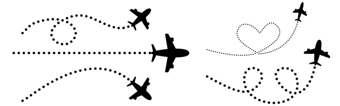 Airplane route with dotted flight path. Flying plane symbol with twisted, curved, straight and heart shape dashed trace path. silhouette of a bird. Transparent png and vector illustration