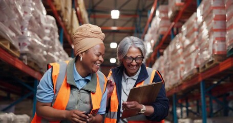 Women, high five and laughter in warehouse for logistics, export business or inventory management. Supervisor, celebration and support in storage facility with deal for distribution or supply chain - Powered by Adobe