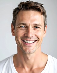 Obraz premium Close-up of a smiling, fair-skinned man with blue eyes
