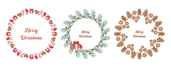 Set of three Christmas wreaths with Merry Christmas text. Each wreath features festive elements candy canes, gifts, pine branches, and gingerbread cookies in various shapes. Vector decorative design