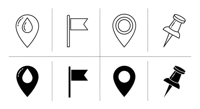 Set of location pin icons simple flat vector design elements for maps and navigation isolated on whi