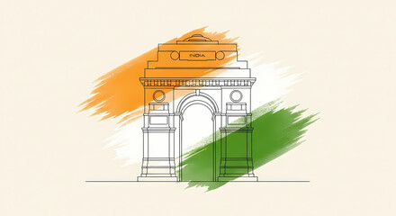 India Gate stands proudly with brushstrokes of the Indian flag, symbolizing national pride and historical significance in a minimalist and artistic style.