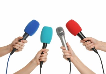 Press Conference Microphones Held by Multiple Hands