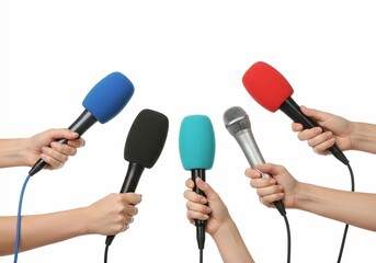 Press Conference Microphones Held by Multiple Hands