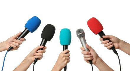 Press Conference Microphones Held by Multiple Hands