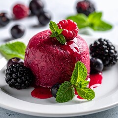 Close-up of Creamy Raspberry Sorbet Garnished with Mixed Berries and Mint Leaves