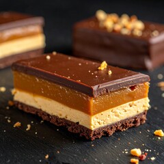 Minimalist Arrangement of Chocolate Caramel Layered Dessert Bars on a Dark Surface