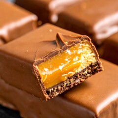 Close-up of Gooey Salted Caramel Layer Inside a Rich Chocolate Dessert Bar
