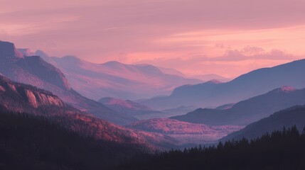 Fototapeta premium Vibrant Pink and Purple Mountain Landscape at Sunset with Layered Peaks and Autumn Forests