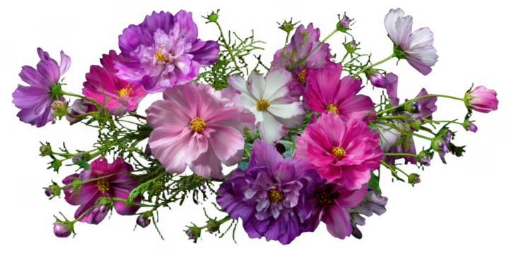 A vibrant bouquet of pink, purple, and white flowers with delicate petals and lush green foliage arranged in a natural display