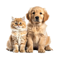 Obraz premium Fluffy ginger kitten and golden puppy sit together, looking at camera