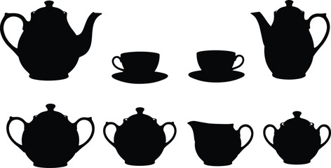 Elegant tea set silhouettes with teapots, teacups, sugar bowls and creamer, classic vintage kitchenware collection isolated black vector illustration