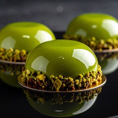 Shiny Olive Green Glazed Petit Fours with Chocolate Decoration and Gold Flakes