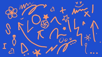 A playful collection of orange doodles on a blue background.