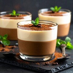 Simple Presentation of Two Coffee Mousse Desserts in Small Glasses on a Dark Table