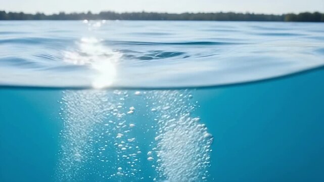 A captivating split-level perspective showcases the dynamic interaction between clear blue water above and below the surface. Sunlight brilliantly refracts through the gentle ripples, creating a dazzl