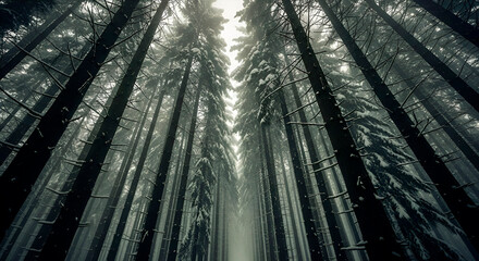 A winter Christmas landscape. A view from below of tall, snow-covered fir trees reaching skyward. A quiet and majestic winter forest with a serene atmosphere.