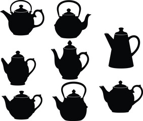 Set of vintage teapot silhouettes featuring diverse shapes, elegant handles, classic spouts and decorative designs for kitchen art, tea culture and illustration