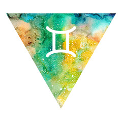 Gemini zodiac sign. Watercolor colorful green yellow texture. Astrology symbol. Triangle icon with watercolor background. Hand drawn illustration painted watercolor.