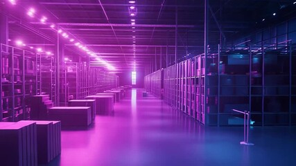 Futuristic warehouse interior storing cargo boxes in neon light - Powered by Adobe