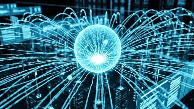 Glowing Blue Sphere Emitting Light Trails Surrounded by Data Screens and Abstract Network Connections in Dark Futuristic Environment