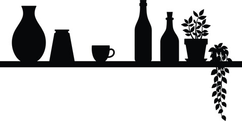 Stylish decorative shelf silhouette with vases, bottles, cup, and indoor potted plants creating minimalist home decor and modern interior design