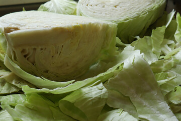 Close-up of a cut head of cabbage on a kitchen counter