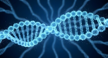 Cinematic 8-second macro animation of double helix DNA rotating slowly in deep blue light with floating digital particles. Depth of field blur, futuristic medical tone, 4K HDR detail.