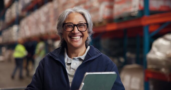 Face, portrait and tablet with woman in warehouse for storage of delivery or shipping stock. App, inventory and smile of mature person in supply chain depot for logistics management or service