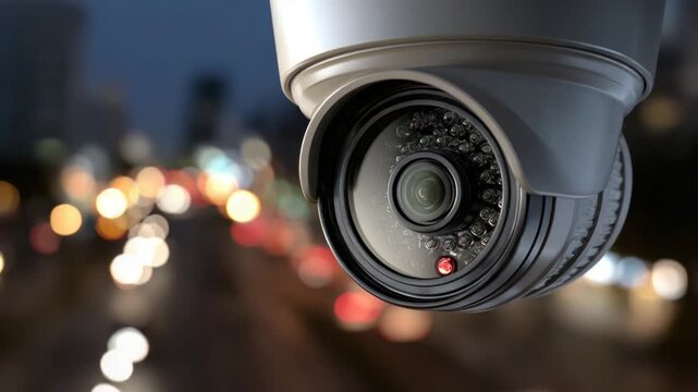 Close-up of a security camera, blurred city lights in background. The camera has a red light on