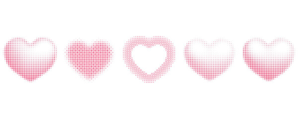 Set of different shaped hearts with halftone effect. Monochrome, pop art style dotted hearts, isolated on white background. Vector illustration