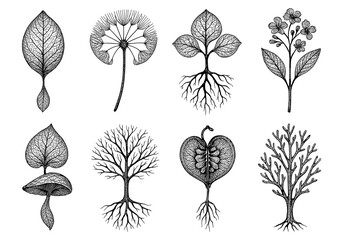 Obraz premium Intricate botanical designs: detailed collection of leaves, roots, and plants for nature art lovers