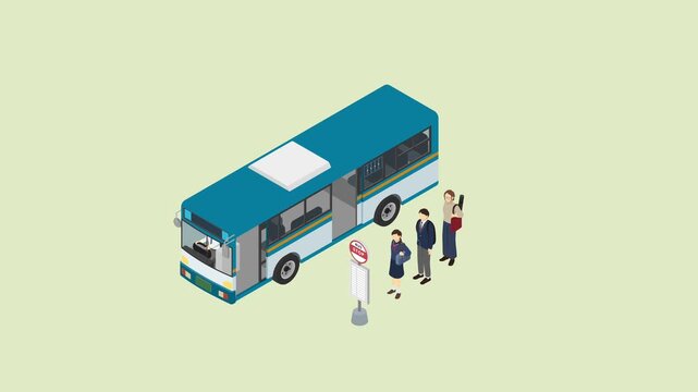 アイソメトリックイラスト：バスとバス停で待つ乗客